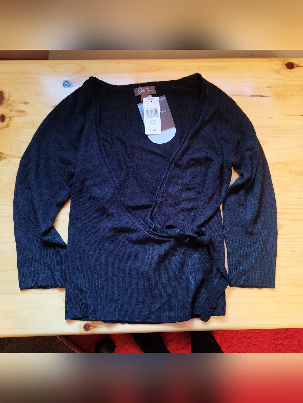 Jessica Black Faux Wrap Sweater, Size S, NWT